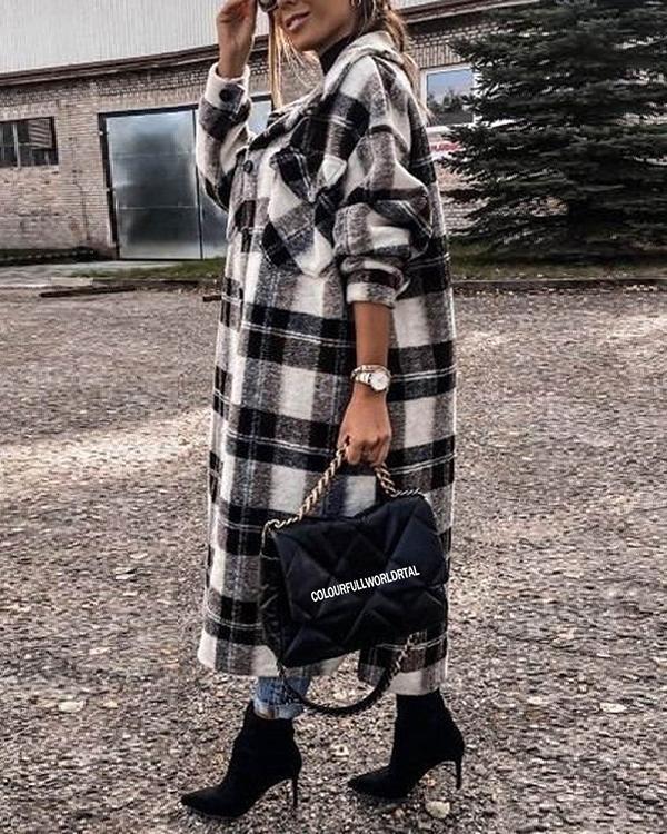 mid-length plaid print long sleeve coat