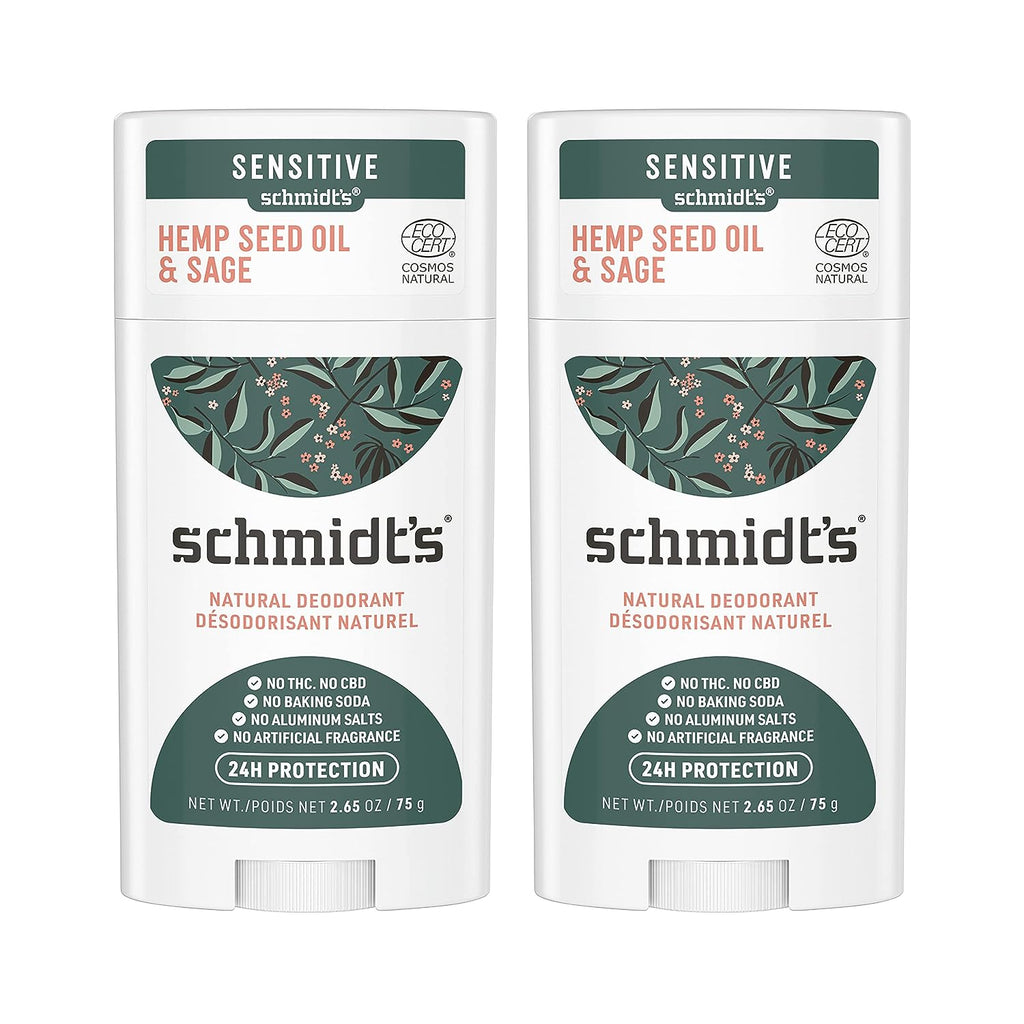 Schmidt's Aluminum Free Natural Deodorant For Women And Men, Hemp Seed Oil &amp; Sage With 24 Hour Odor Protection, Certified Natural, Cruelty Free, Vegan Deodorant 2.65oz 2 Pack