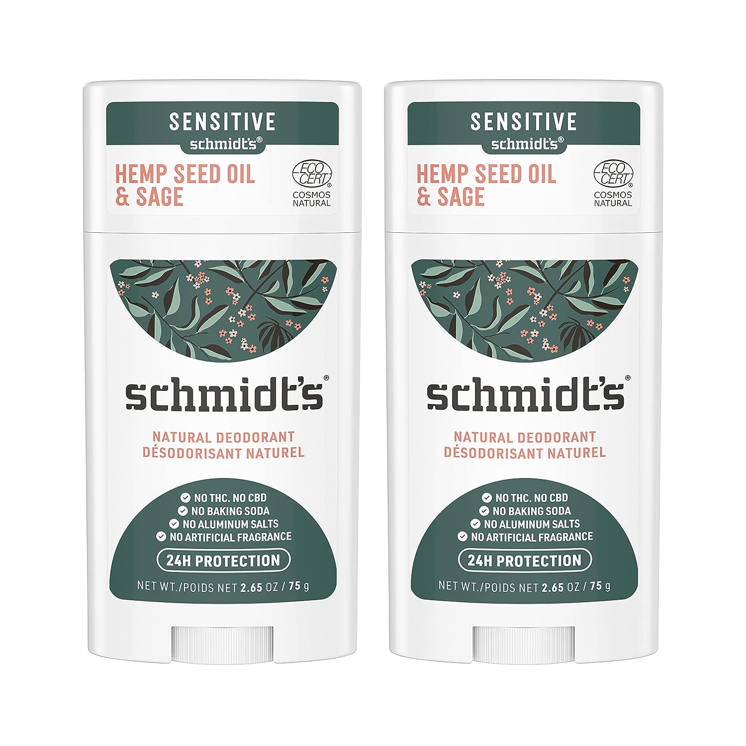 Schmidt's Aluminum Free Natural Deodorant For Women And Men, Hemp Seed Oil &amp; Sage With 24 Hour Odor Protection, Certified Natural, Cruelty Free, Vegan Deodorant 2.65oz 2 Pack