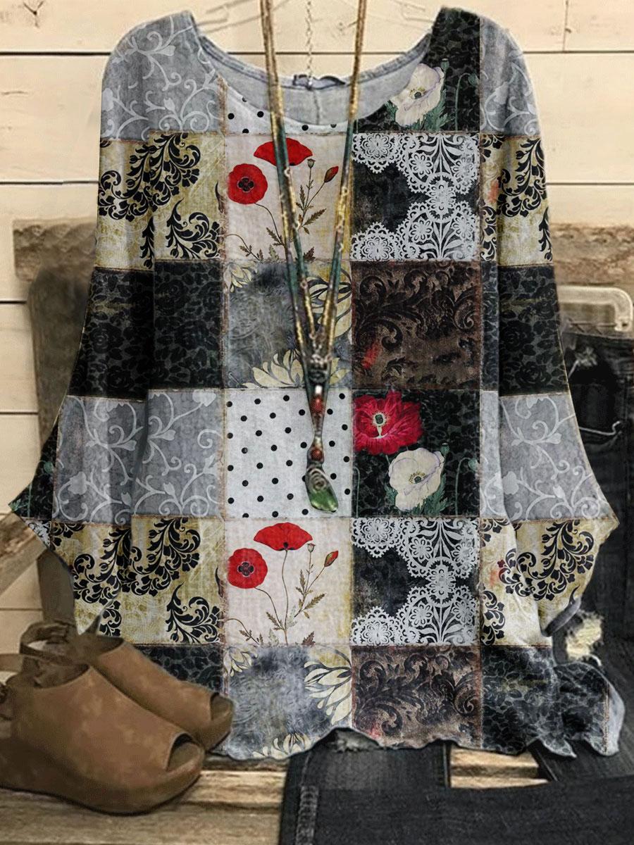 Round Neck Floral Geometric Print Loose Long-sleeved Blouse