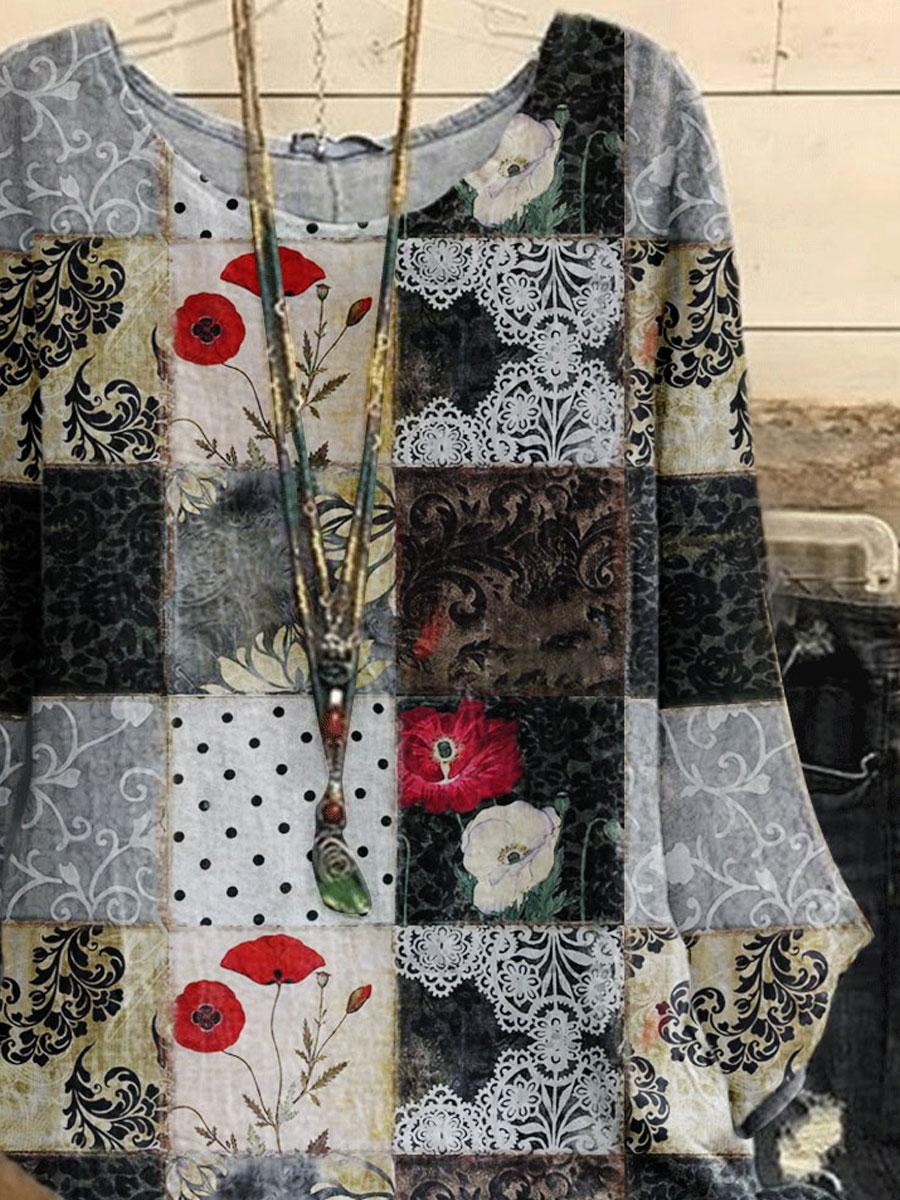Round Neck Floral Geometric Print Loose Long-sleeved Blouse
