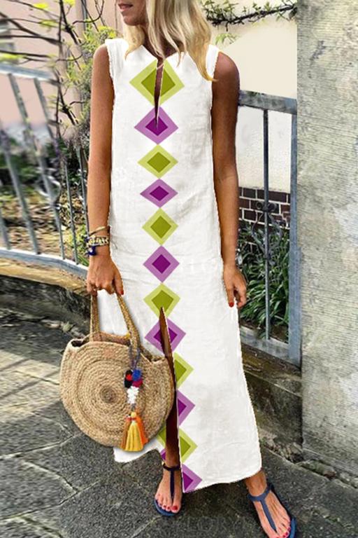Cotton/Linen V-Neck Bohemian Printed Sleeveless Casual Dress