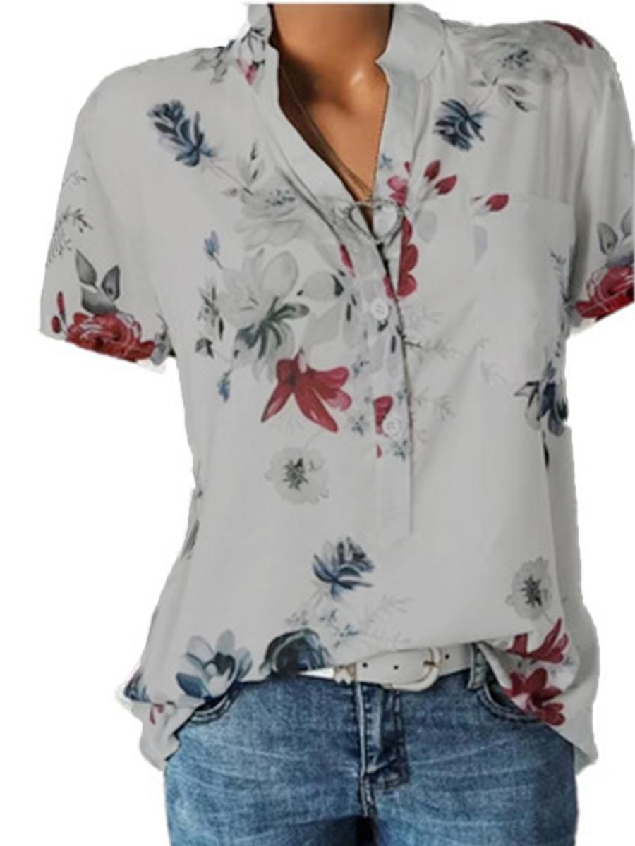 Stand Collar Short Sleeve Flower Print Loose Blouse