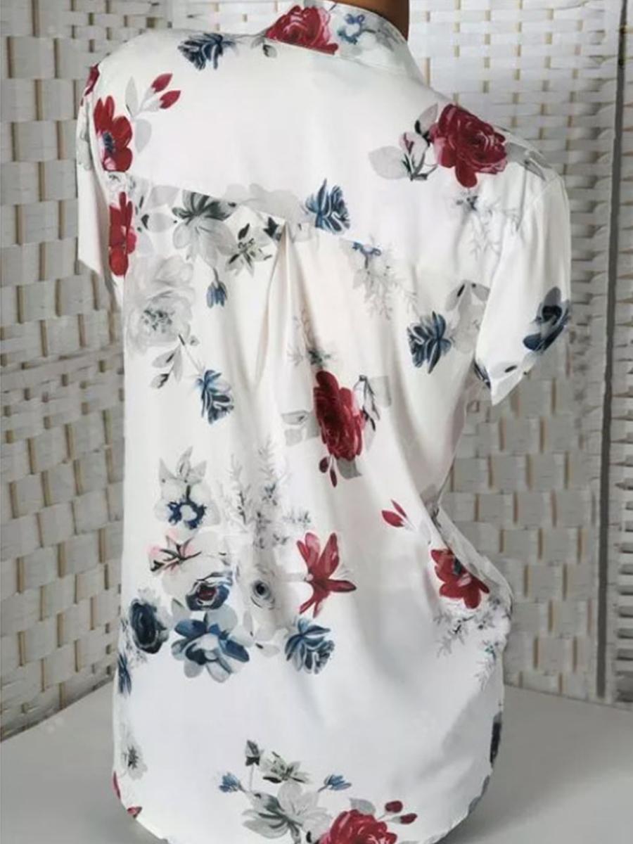 Stand Collar Short Sleeve Flower Print Loose Blouse