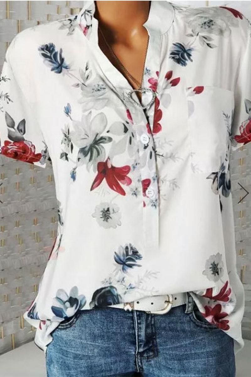 Stand Collar Short Sleeve Flower Print Loose Blouse