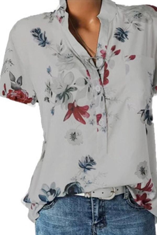 Stand Collar Short Sleeve Flower Print Loose Blouse