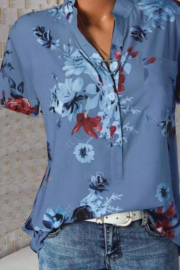 Stand Collar Short Sleeve Flower Print Loose Blouse