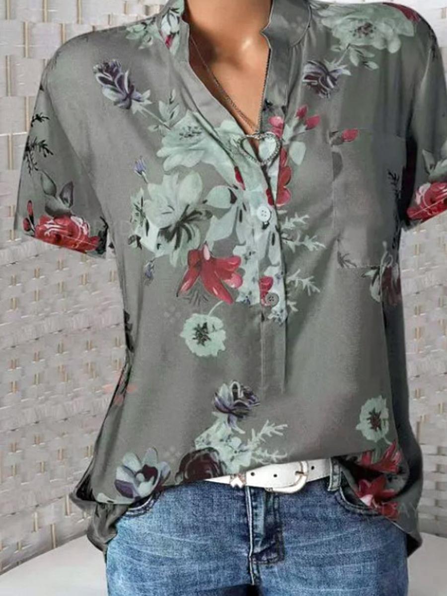 Stand Collar Short Sleeve Flower Print Loose Blouse