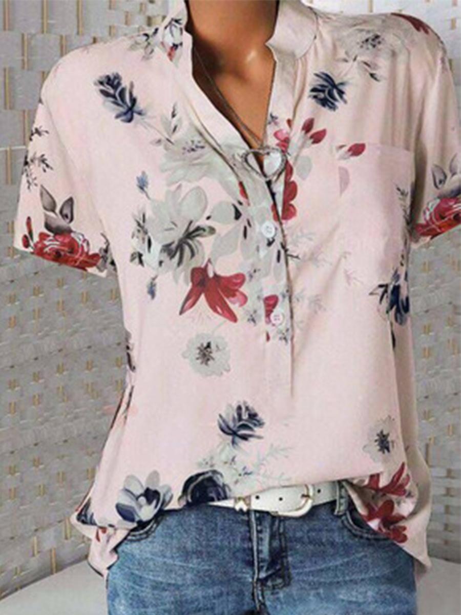 Stand Collar Short Sleeve Flower Print Loose Blouse