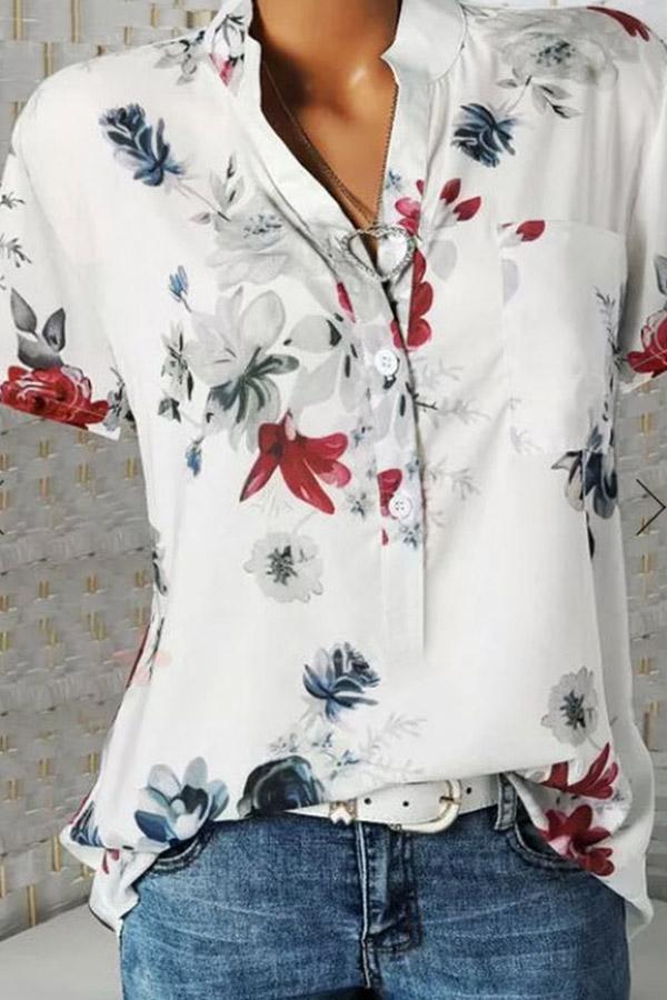 Stand Collar Short Sleeve Flower Print Loose Blouse