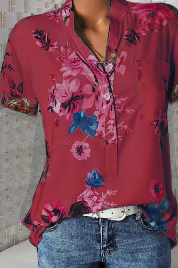 Stand Collar Short Sleeve Flower Print Loose Blouse