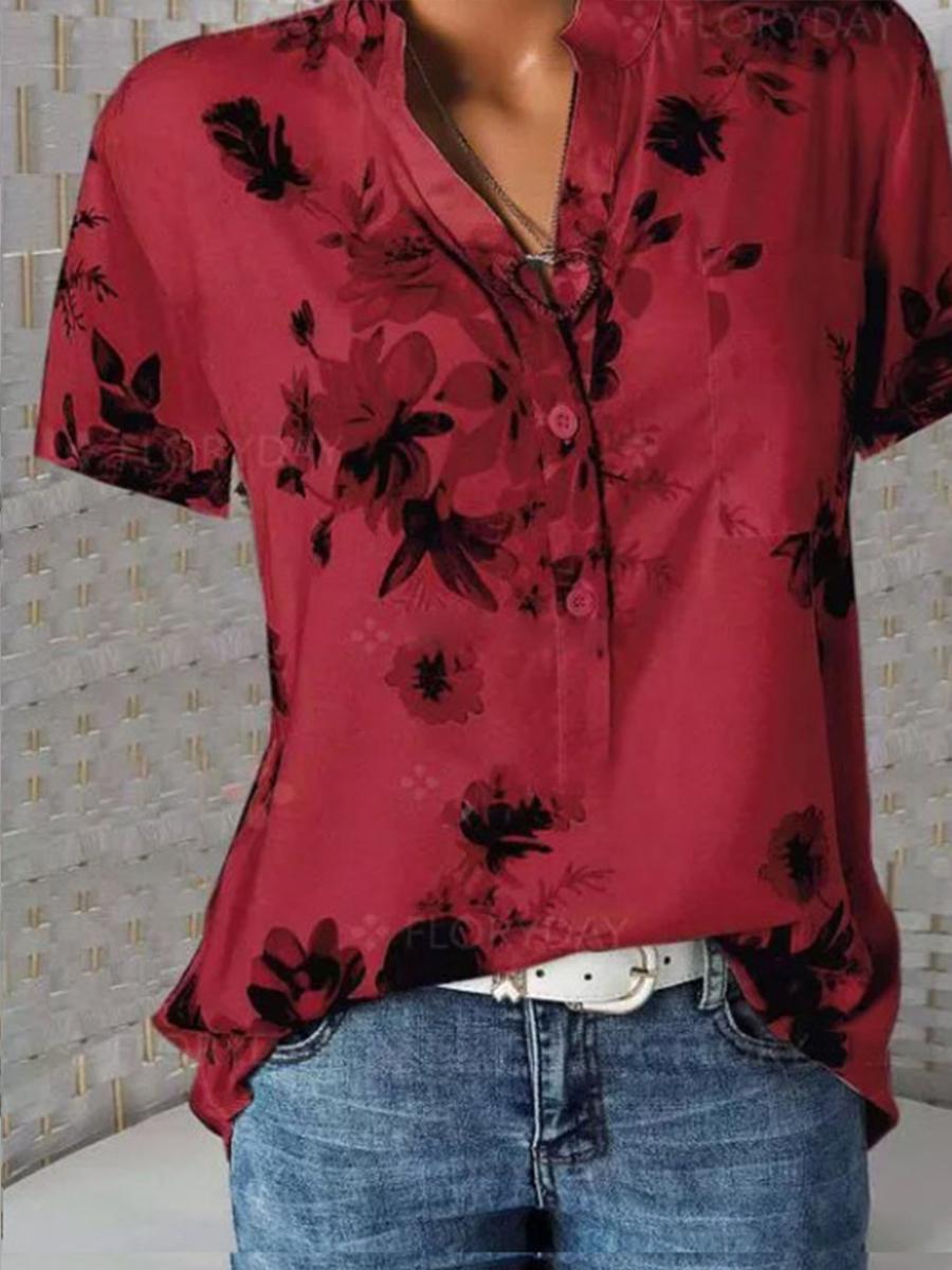 Stand Collar Short Sleeve Flower Print Loose Blouse
