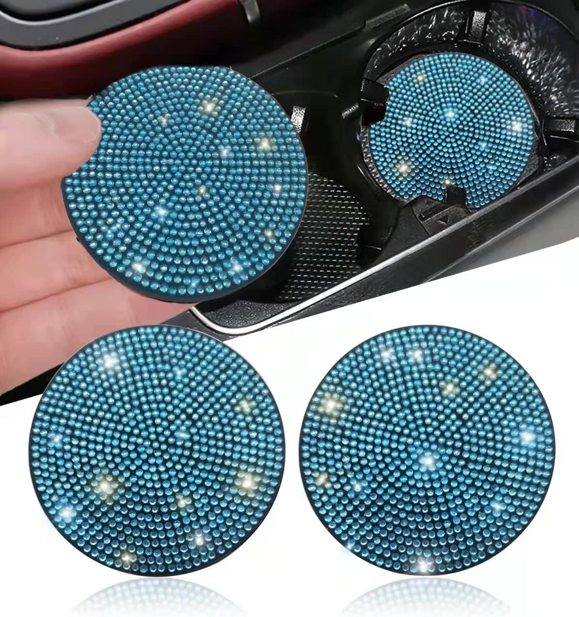 2pcs Bling Car Cup Holder Coaster, 2.75 inch Anti-Slip Shockproof Universal Fashion Vehicle Car Coasters Insert Bling Rhinestone Auto Automotive Interior Accessories for Women (2 pcs, Aquamrine)