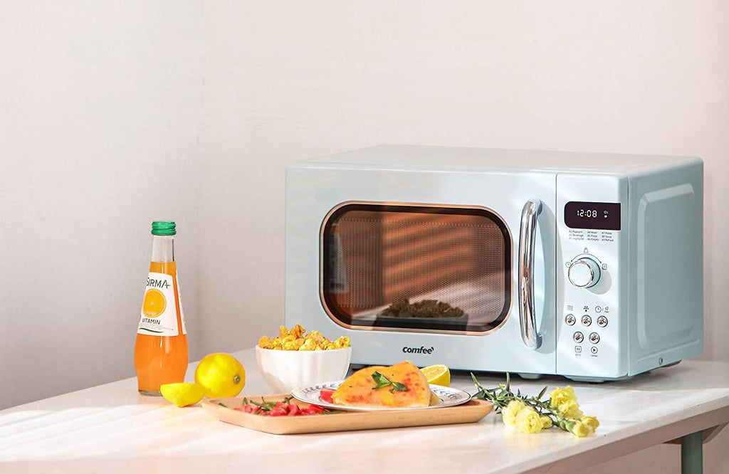 COMFEE' Retro Countertop Microwave Oven with Compact Size, Position-Memory Turntable, Sound On/Off Button, Child Safety Lock and ECO Mode, 0.7Cu.ft/700W, Pastel Green, AM720C2RA-G