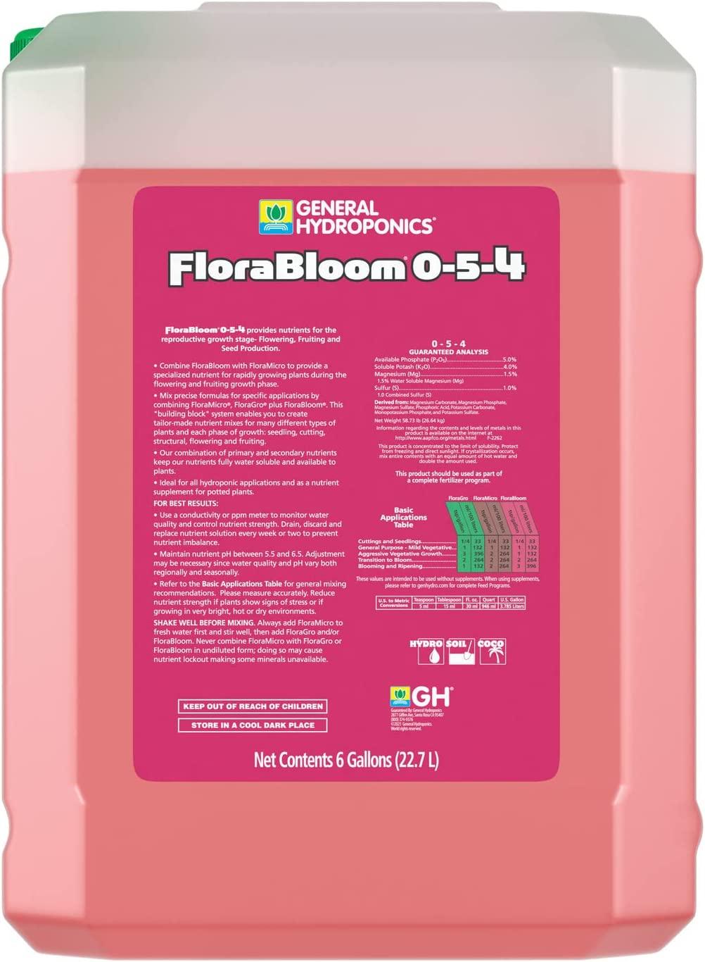 General Hydroponics FloraBloom 0-5-4 Advanced Nutrient System to Provide Nutrients for Reproductive Growth, 6 Gal