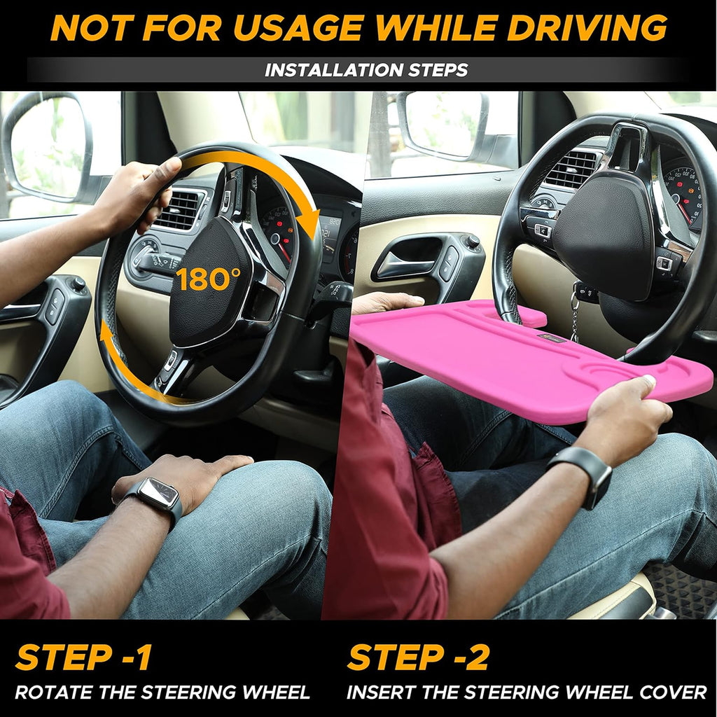 EcoNour 2 in 1 Car Steering Wheel Desk | Steering Wheel Tray for Laptop and Food | Pink Car Table Tray for Eating with Drinks Holder | Pink Car Accessories