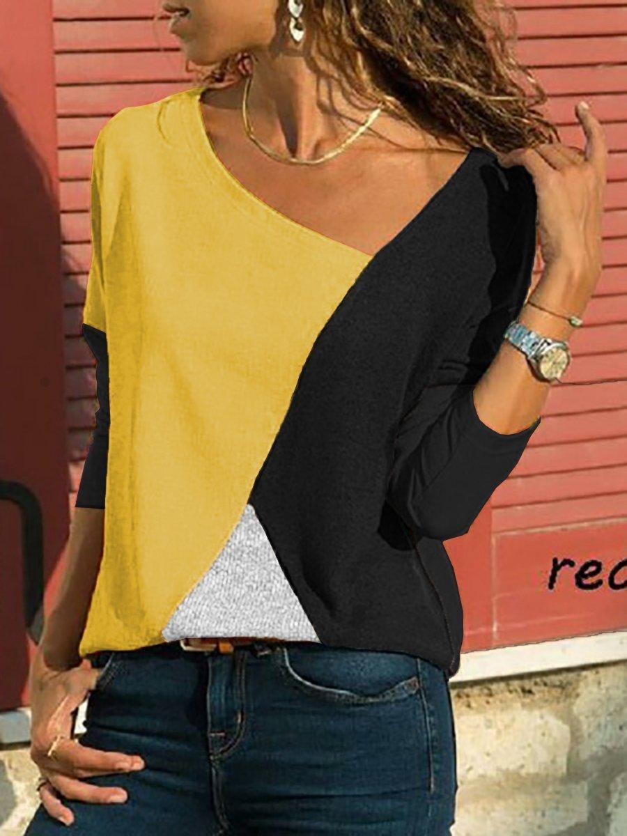 Asymmetric Neck  Patchwork  Contrast Stitching Sweatshirts