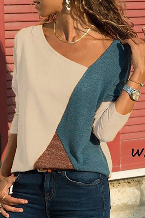 Asymmetric Neck  Patchwork  Contrast Stitching Sweatshirts