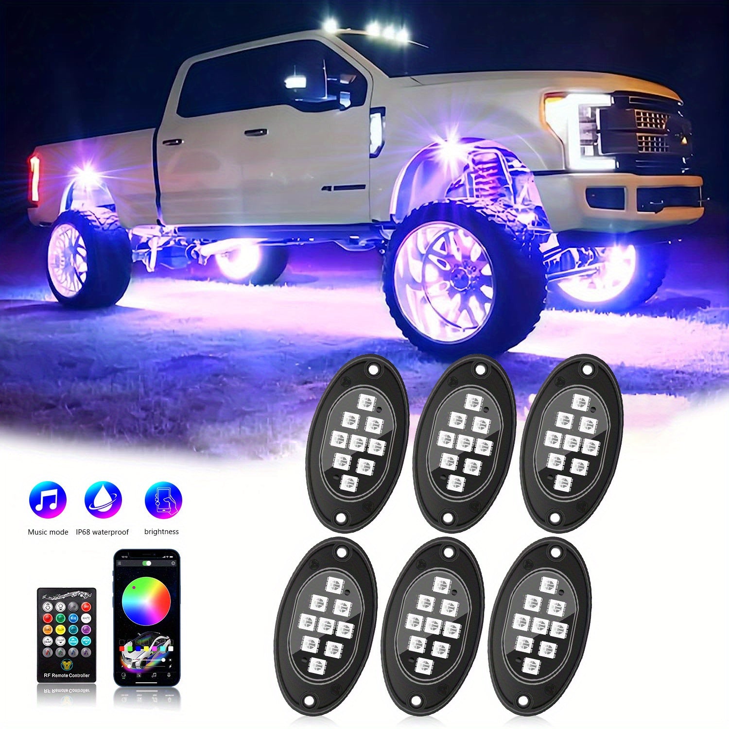 Rock Lights For Trucks, 4/6/8/10 Pods RGB LED Rock Lights With APP/Remote Control &amp; Music Mode,  For Pickup Off Road Jeep RZR SUV ATV UTV Car