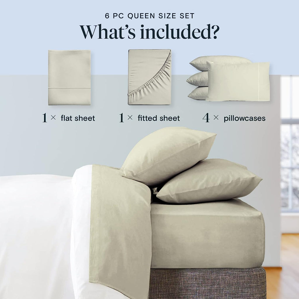 LuxClub 6 PC Queen Sheet Set Bamboo Sheets Deep Pockets 18" Eco Friendly Wrinkle Free Cooling Sheets Machine Washable Hotel Bedding Silky Soft - Light Taupe Queen