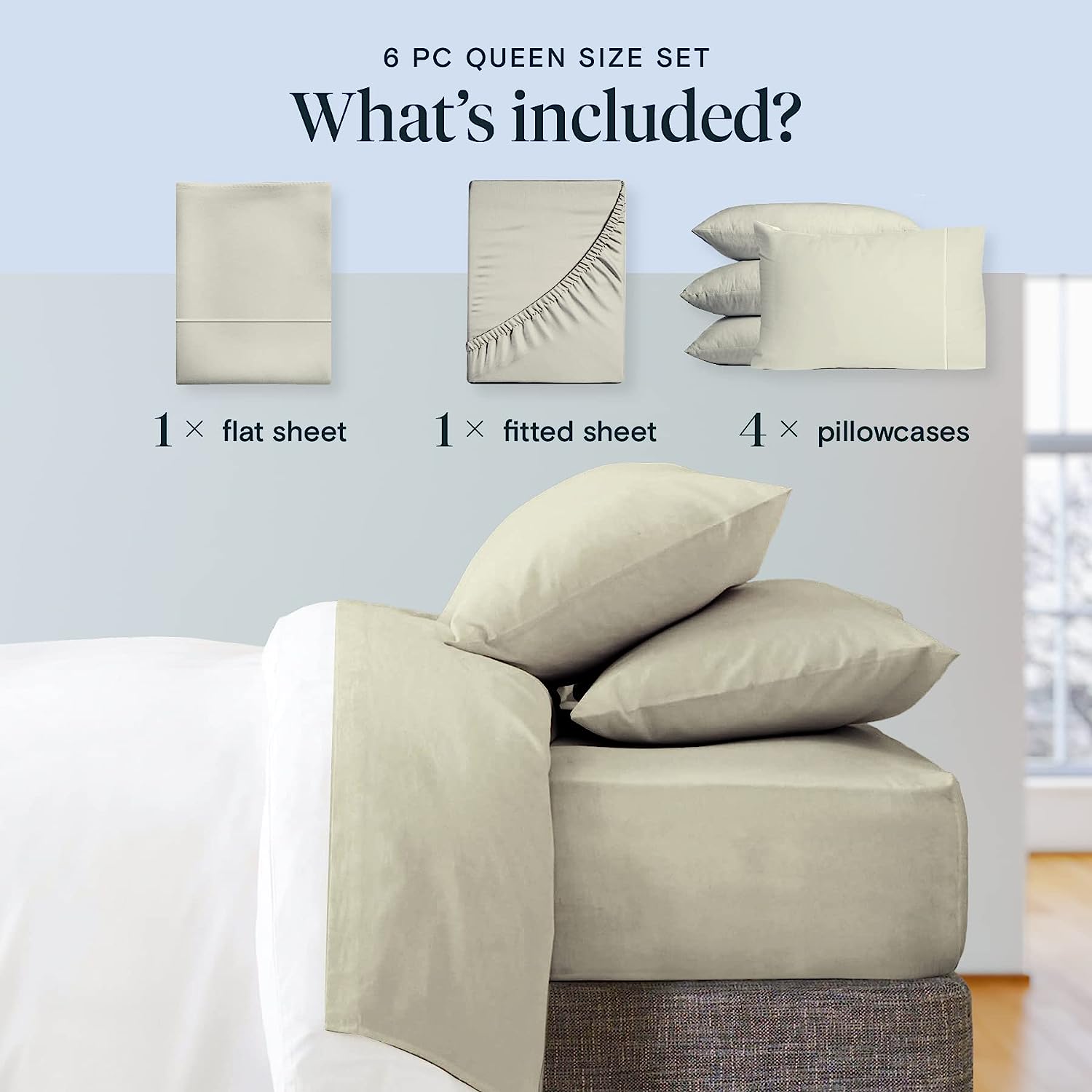 LuxClub 6 PC California King Size Sheet Set Bamboo Sheets Deep Pockets 18" Eco Friendly Wrinkle Free Cooling Sheets Machine Washable Hotel Bedding Silky Soft - Light Taupe California King