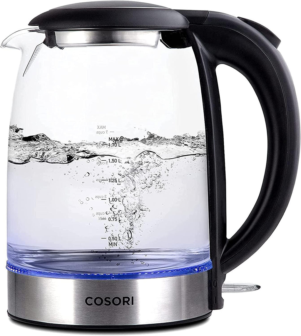 COSORI Electric Kettle with Stainless Steel Filter and Inner Lid, 1500W Wide Opening 1.7L Glass Tea Kettle &amp; Hot Water Boiler, LED Indicator Auto Shut-Off &amp; Boil-Dry Protection, BPA , Matte Black