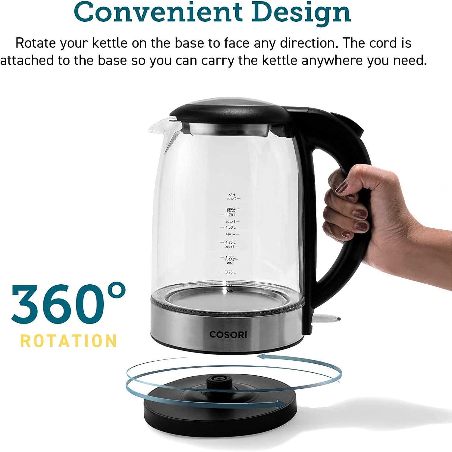 COSORI Electric Kettle with Stainless Steel Filter and Inner Lid, 1500W Wide Opening 1.7L Glass Tea Kettle &amp; Hot Water Boiler, LED Indicator Auto Shut-Off &amp; Boil-Dry Protection, BPA , Matte Black