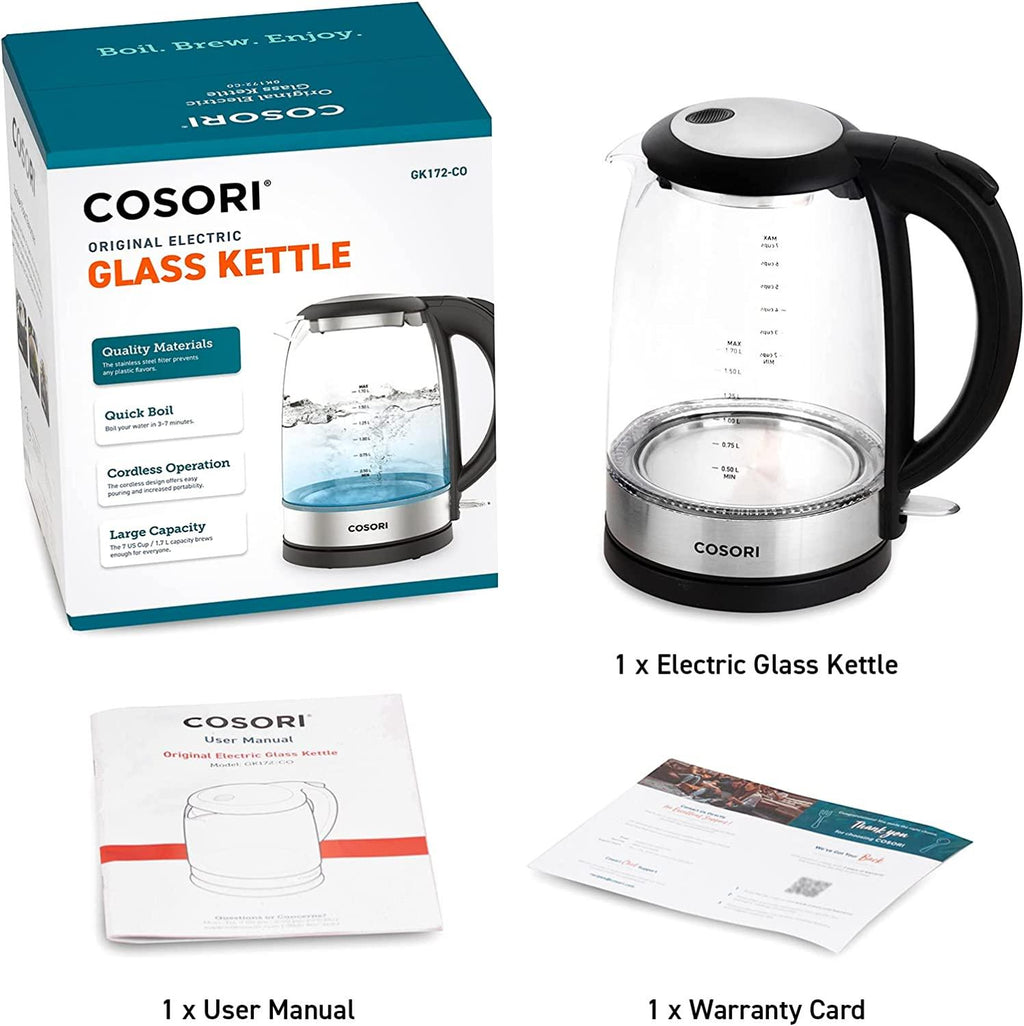 COSORI Electric Kettle with Stainless Steel Filter and Inner Lid, 1500W Wide Opening 1.7L Glass Tea Kettle &amp; Hot Water Boiler, LED Indicator Auto Shut-Off &amp; Boil-Dry Protection, BPA , Matte Black