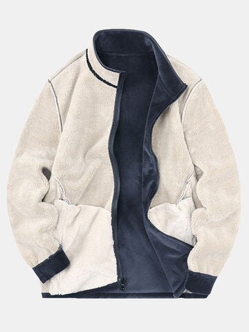 mens thicken fleece lined velour stand collar solid warm overcoats with pocket