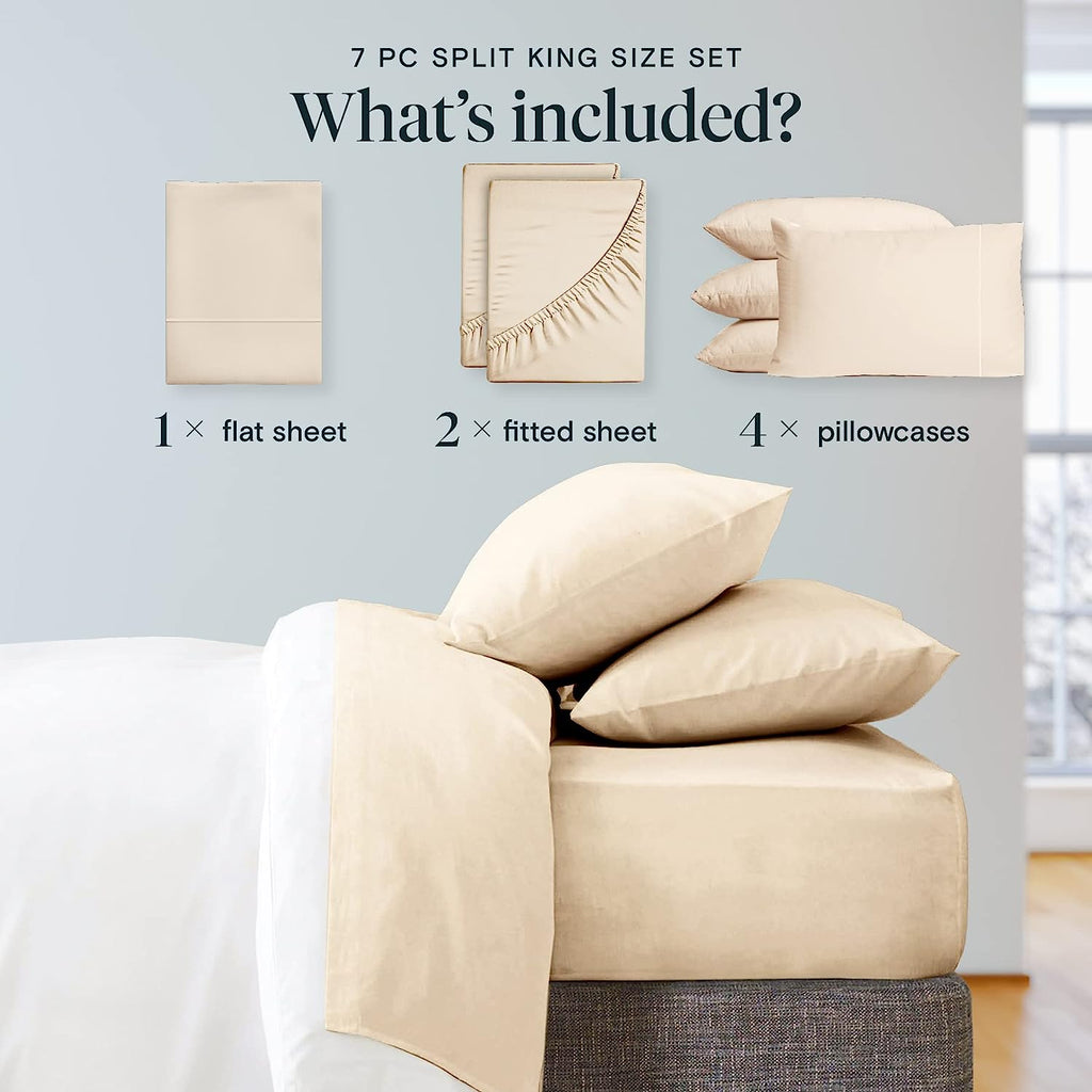LuxClub 7 PC Split King Sheet Set Bamboo Sheets Deep Pockets 18" Eco Friendly Wrinkle Free Cooling Sheets Machine Washable Hotel Bedding Silky Soft - Cream Split King