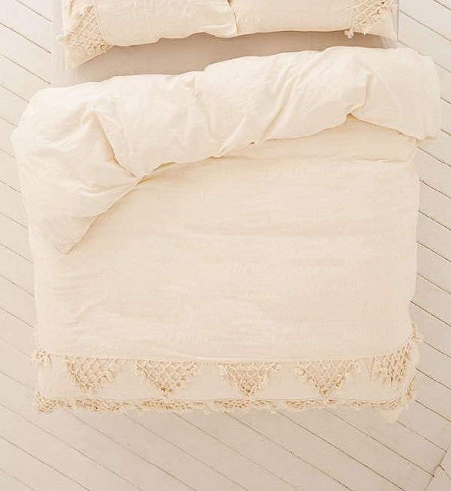 Flber Tufted Tassel Duvet Cover Lattice Boho Bedding,Full Queen, 86inx90in