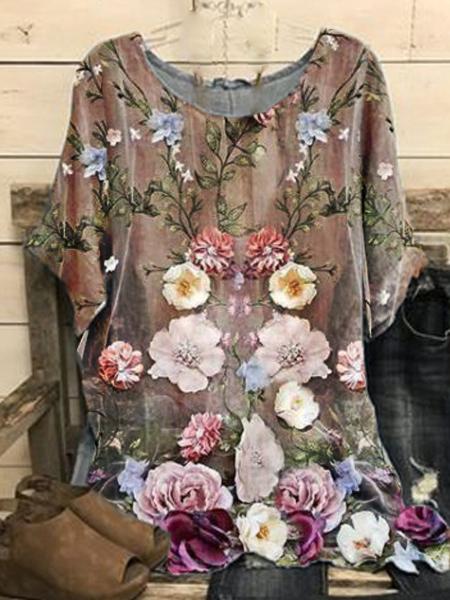 Loose Casual Floral Print Crew Neck Short Sleeves Blouse