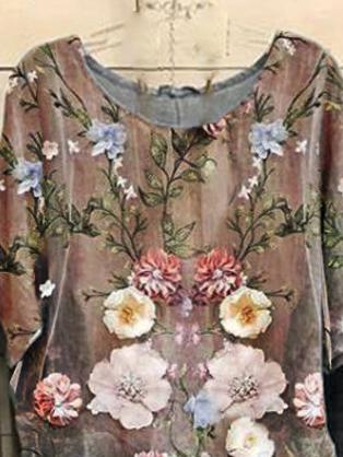Loose Casual Floral Print Crew Neck Short Sleeves Blouse