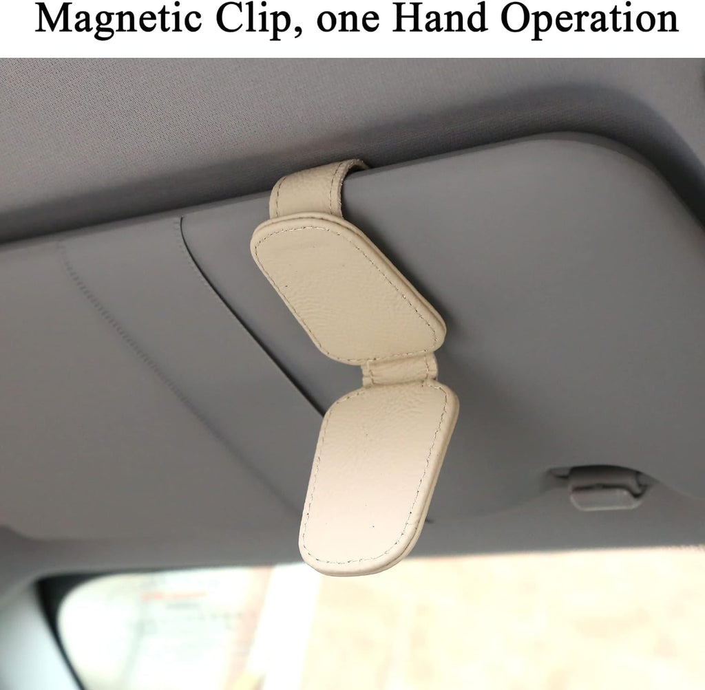 KIWEN Sunglasses Holders for Car Sun Visor, Magnetic Leather Glasses Eyeglass Hanger Clip for Car, Ticket Card Clip Eyeglasses Mount (Beige)