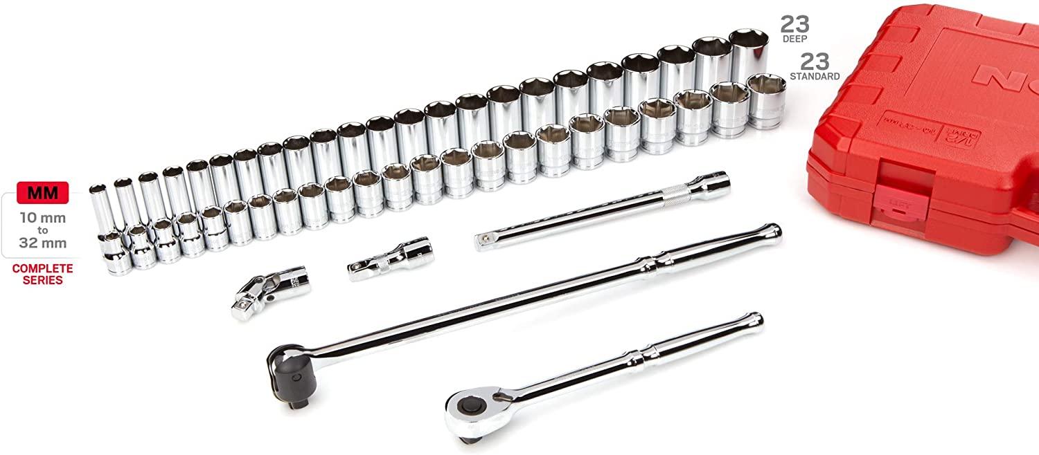 TEKTON 1/2 Inch Drive 6-Point Socket and Ratchet Set, 52-Piece (10-32 mm) | SKT25201