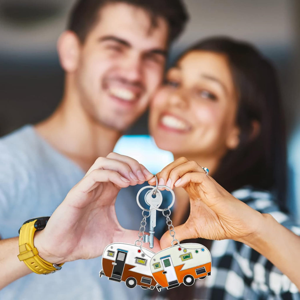 2 Pieces Camper Keychain, RV Camper Keyring Camper Accessories for Travel Trailers Retro Camping Car Keychain