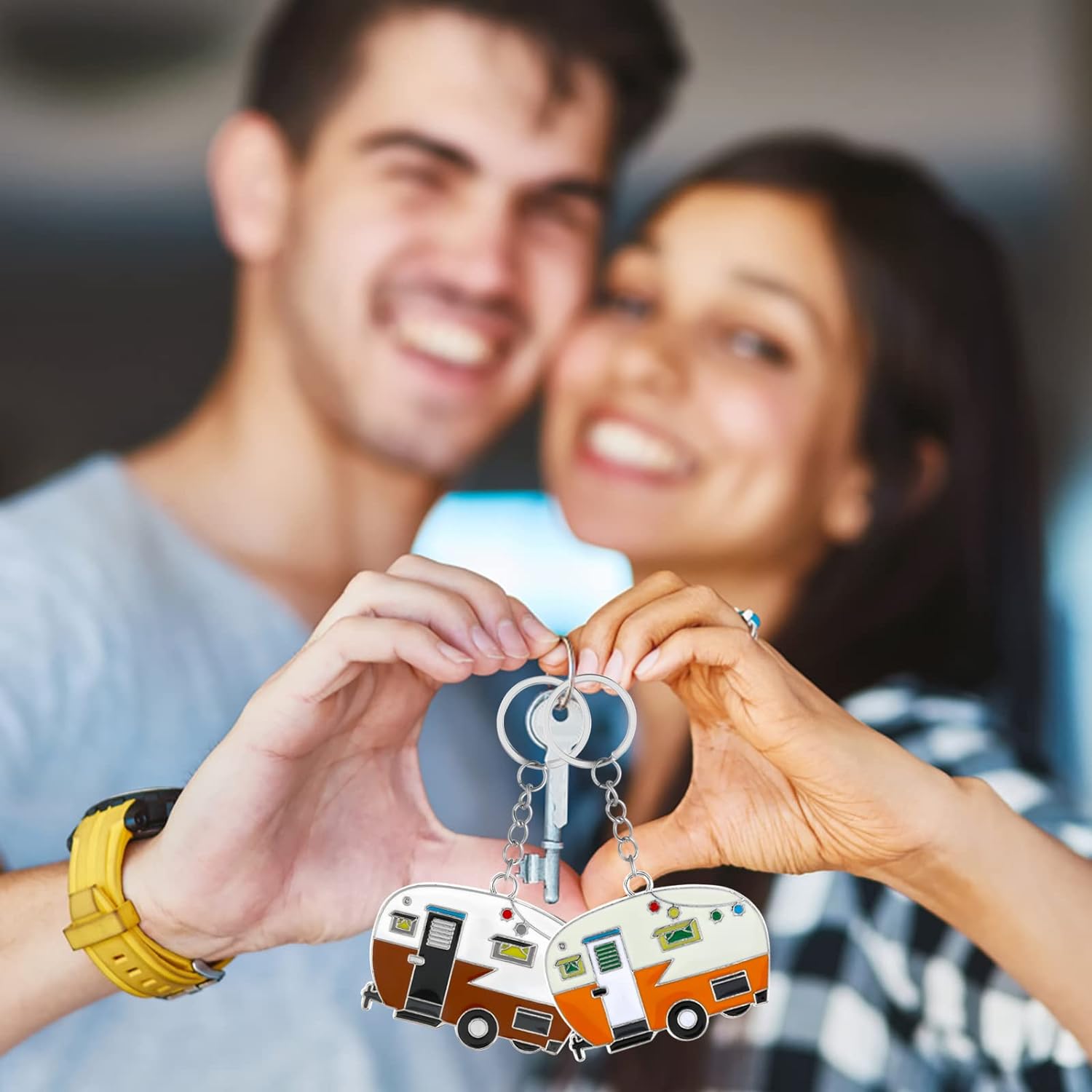 2 Pieces Camper Keychain, RV Camper Keyring Camper Accessories for Travel Trailers Retro Camping Car Keychain