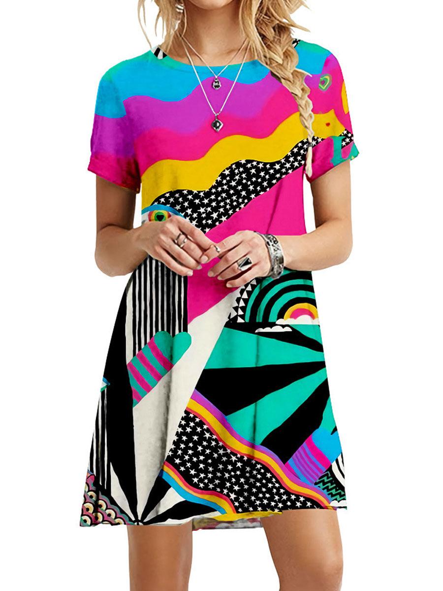 Round Neck Short Sleeve Abstract Printed Dress