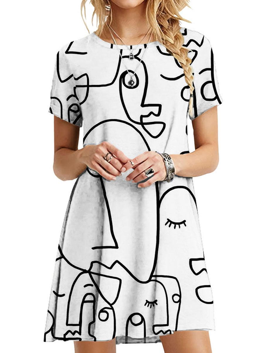 Round Neck Short Sleeve Abstract Printed Dress