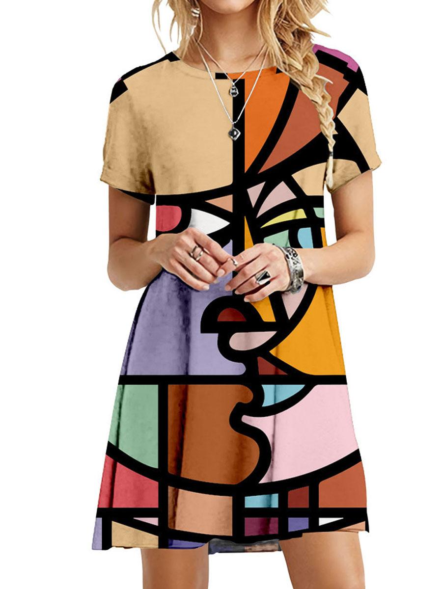 Round Neck Short Sleeve Abstract Printed Dress