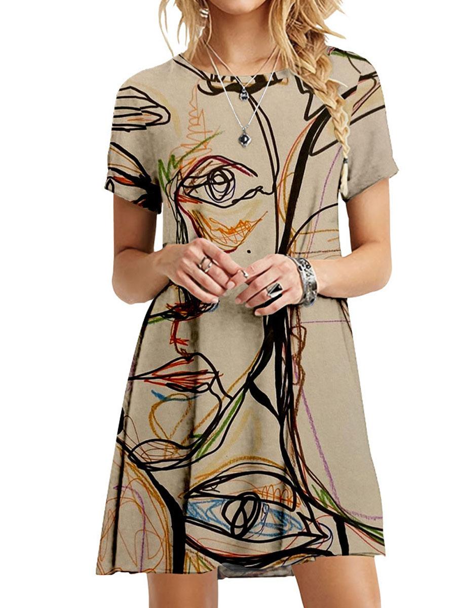 Round Neck Short Sleeve Abstract Printed Dress
