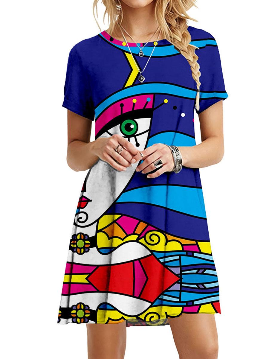 Round Neck Short Sleeve Abstract Printed Dress