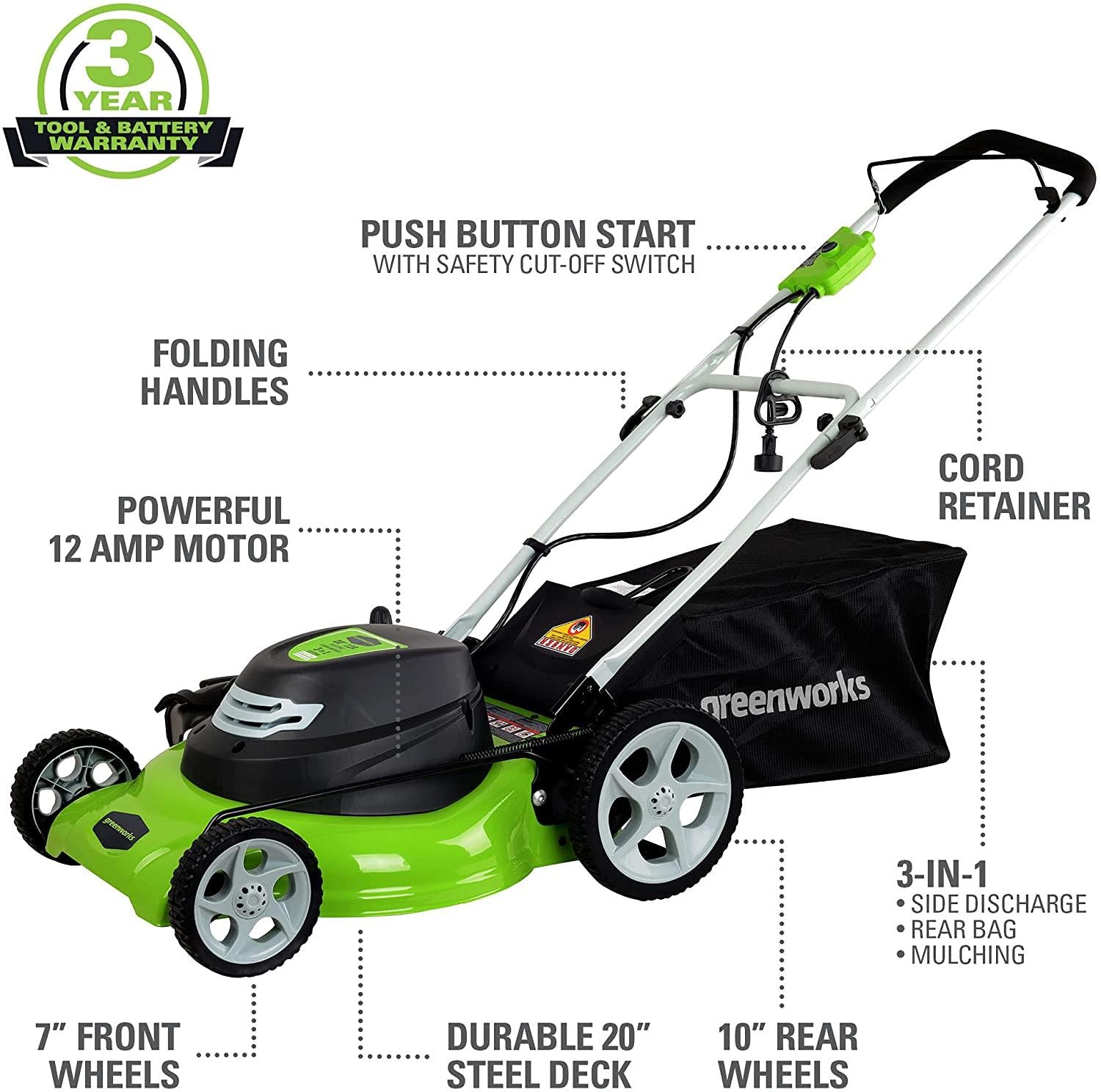 Greenworks 12 Amp 20-Inch 3-in-1Electric Corded Lawn Mower, 25022