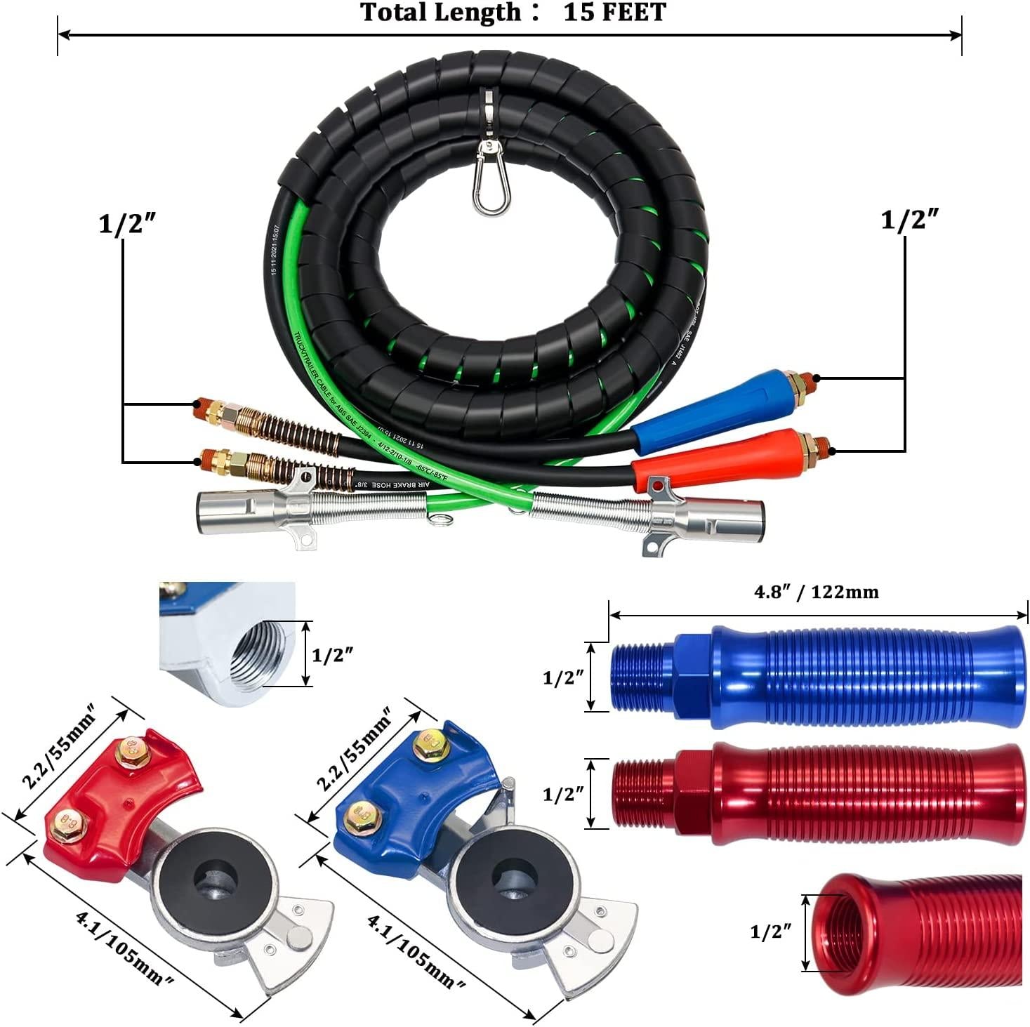 CheeMuii Semi Truck Air Line Kit 15ft 3 in 1 Airline Air Hose Truck Trailer with Glad Hand and 1 Pair Glad Hand Handle with 4pcs Glad Hand Seals