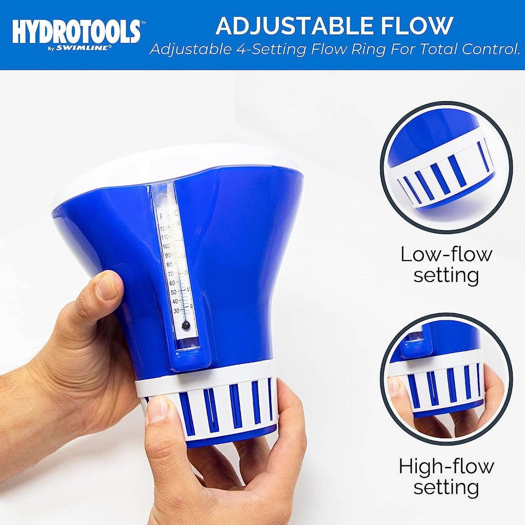 HYDROTOOLS BY SWIMLINE 87400 Large Capacity Pool &amp; Spa Chemical Dispenser Thermometer Combo | Compatible Bromine &amp; Chlorine Supports 1-3’’ Tablets | Adjustable Customizable Flow Rate | Cost Effective