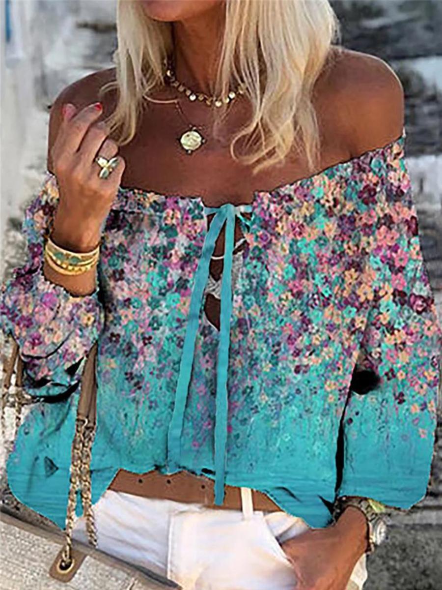 One-line Neck Art Oil Painting Flower Print Blouse