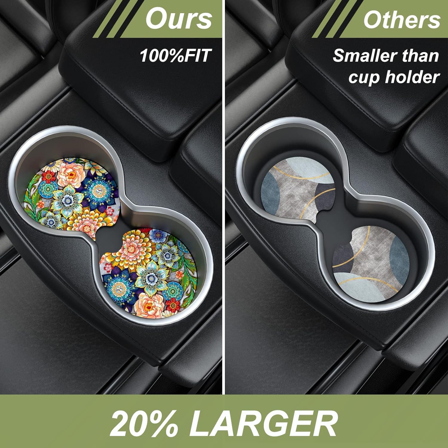 Nipichsha Car Cup Holder Coasters, Car Coasters for Cup Holders, 2 Pack Universal Anti Slip Insert Coaster, Rubber Car Cup Mat with A Finger Notch, Cute Car Interior Accessories for Women Men(Mandala)