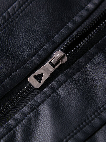 mens washed pu leather zip up pocket detachable hooded elastic hem thick jackets