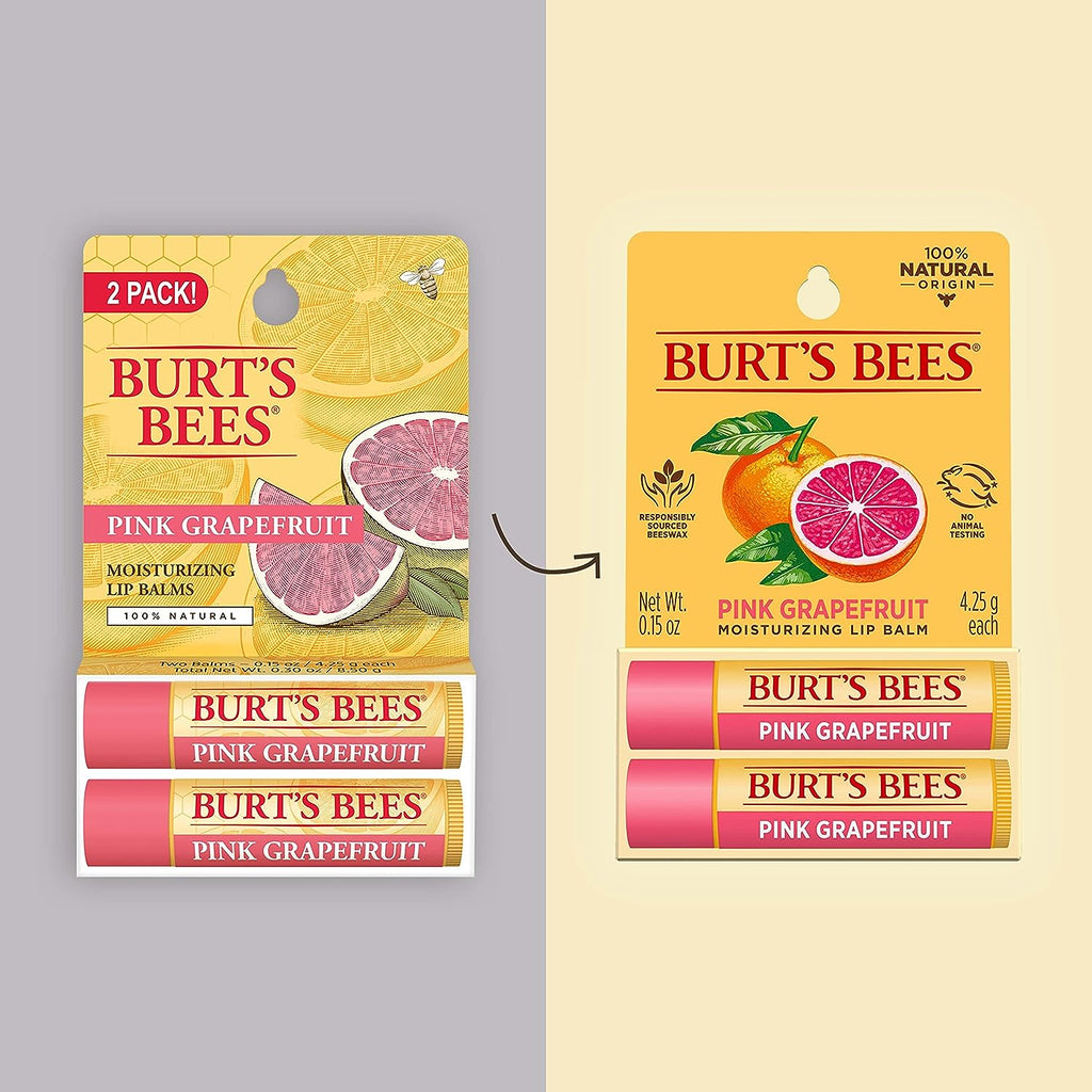 Burt's Bees Lip Balm, Moisturizing Lip Care, for All Day Hydration, 100% Natural, Pink Grapefruit with Beeswax &amp; Fruit Extracts (2 Pack)