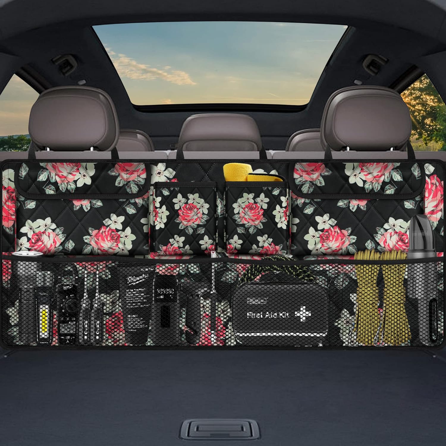 Car Trunk Organizer,Large Capacity Backseat Trunk Organizer(42"*18"),Collapsible Car Storage Bag with 8 Pocekt,Car Organizer for SUV/MPV/Truck - Floral